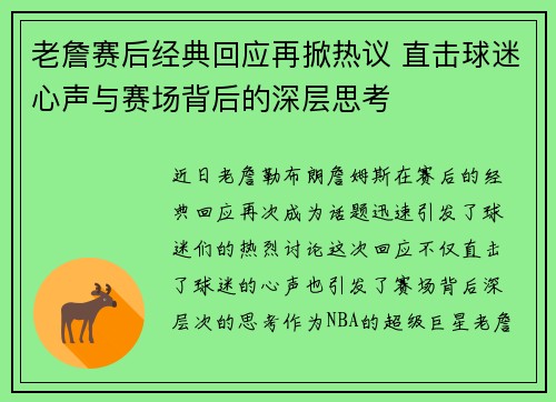 老詹赛后经典回应再掀热议 直击球迷心声与赛场背后的深层思考